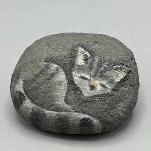 Handpainted Sleeping Cat on a Gray Rock Paperweight Kitschy Cottagecore Figurine